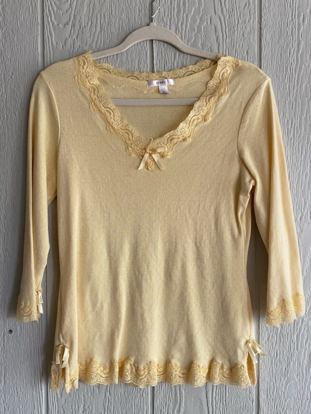 PINK Butter Yellow 3/4 Sleeve Coquette Lace Trim Delicate Fairycore Knit Top M